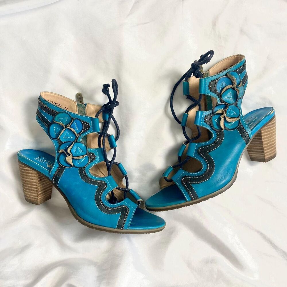 L'Artiste Turquoise Blue Genuine Leather Floral Lace Up Sandals Spring Step 10.5